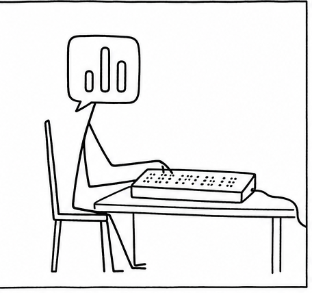 Der Bote sitzt an einem Tisch vor einer Braillezeile, ein Kabel führt zum Gerät, die Hand liegt auf den Punkten.